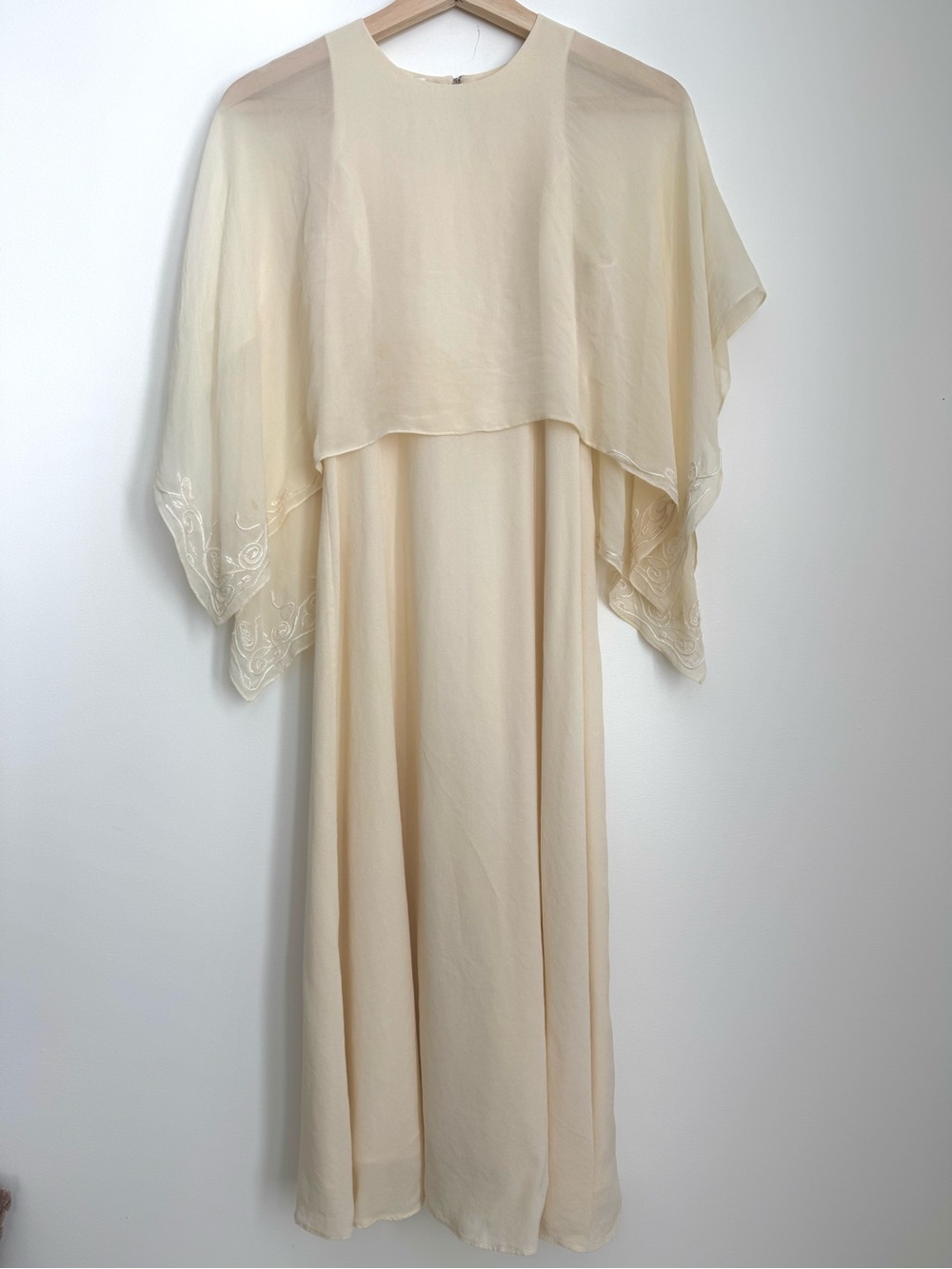 Tahari Cream Layered Maxi Dress with Embroidered Cape